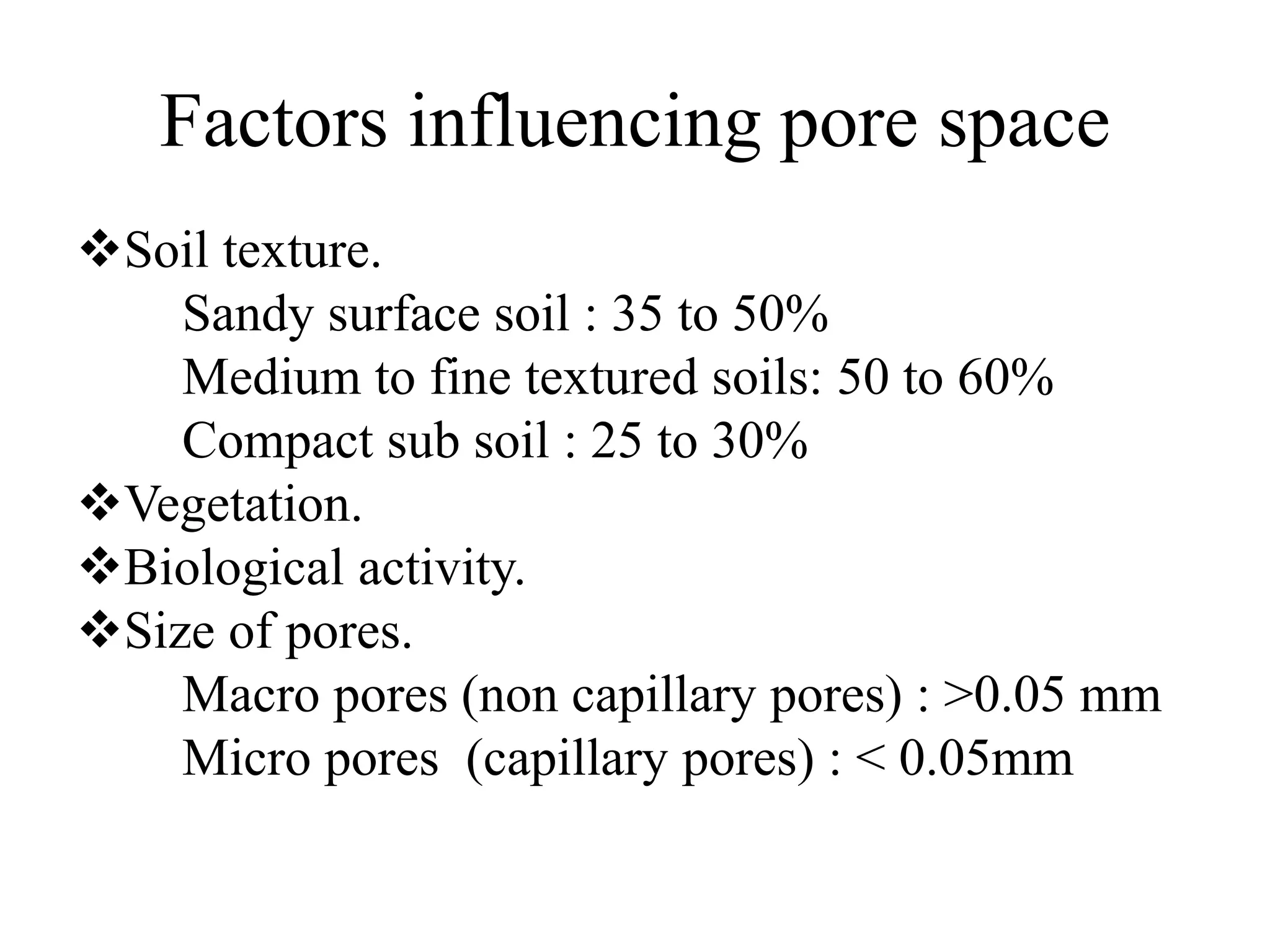 Factors influencing pore space
Soil texture.
Sandy surface soil : 35 to 50%
Medium to fine textured soils: 50 to 60%
Compact sub soil : 25 to 30%
Vegetation.
Biological activity.
Size of pores.
Macro pores (non capillary pores) : >0.05 mm
Micro pores (capillary pores) : < 0.05mm
 
