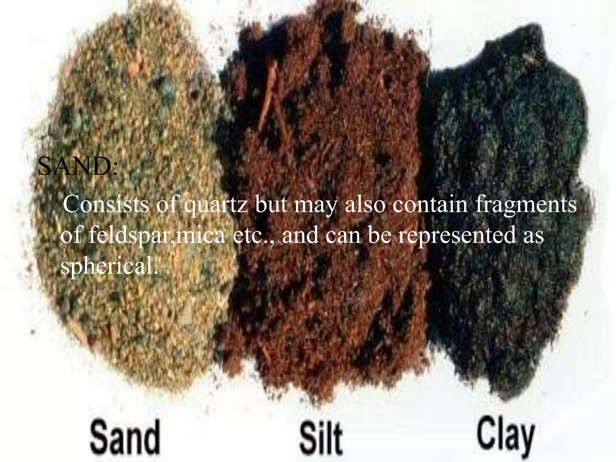 SAND:
Consists of quartz but may also contain fragments
of feldspar,mica etc., and can be represented as
spherical.
 