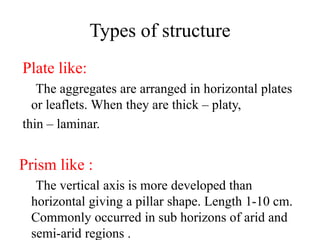 Types of structure
Plate like:
The aggregates are arranged in horizontal plates
or leaflets. When they are thick – platy,
thin – laminar.
Prism like :
The vertical axis is more developed than
horizontal giving a pillar shape. Length 1-10 cm.
Commonly occurred in sub horizons of arid and
semi-arid regions .
 