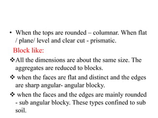 • When the tops are rounded – columnar. When flat
/ plane/ level and clear cut - prismatic.
Block like:
All the dimensions are about the same size. The
aggregates are reduced to blocks.
 when the faces are flat and distinct and the edges
are sharp angular- angular blocky.
 when the faces and the edges are mainly rounded
- sub angular blocky. These types confined to sub
soil.
 