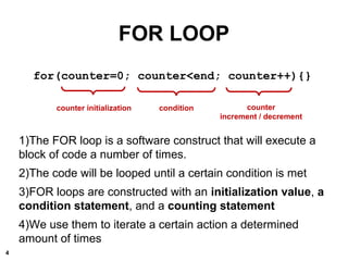 for(counter=0; counter<end; counter++){}
1)The FOR loop is a software construct that will execute a
block of code a number of times.
2)The code will be looped until a certain condition is met
3)FOR loops are constructed with an initialization value, a
condition statement, and a counting statement
4)We use them to iterate a certain action a determined
amount of times
counter initialization
FOR LOOP
condition counter
increment / decrement
4
 