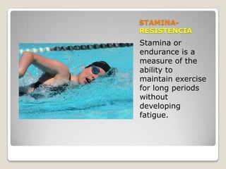 STAMINA-RESISTENCIAStaminaorenduranceis a measure of theabilitytomaintainexerciseforlongperiodswithoutdeveloping fatigue.