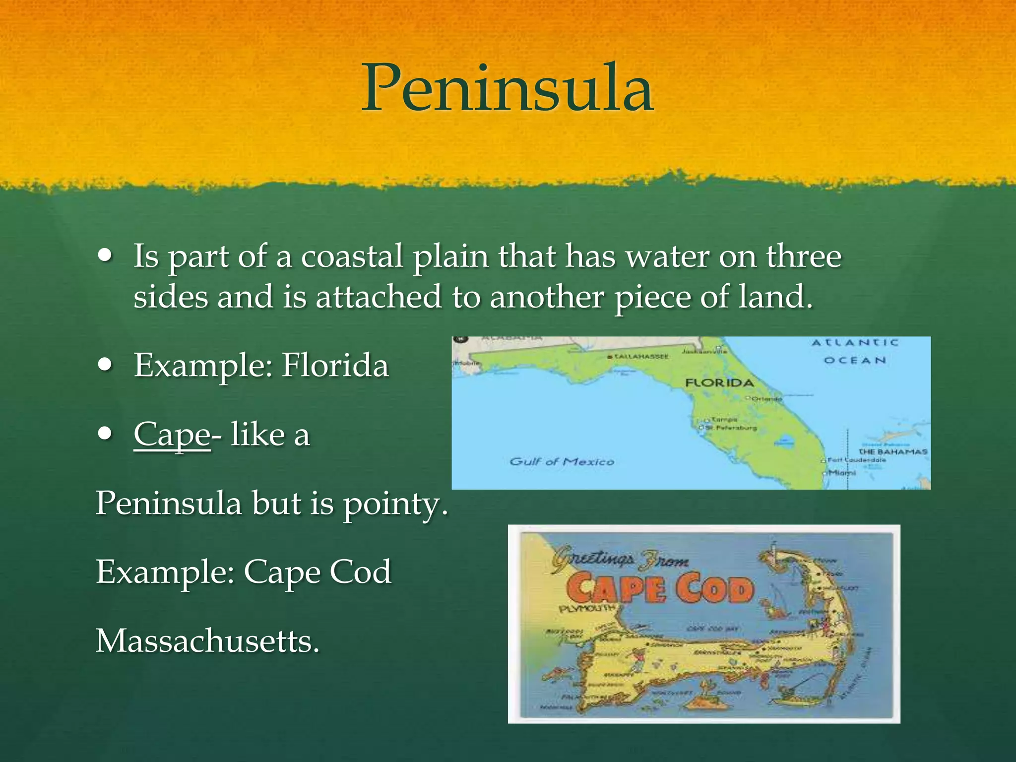 Peninsula 
 Is part of a coastal plain that has water on three 
sides and is attached to another piece of land. 
 Example: Florida 
 Cape- like a 
Peninsula but is pointy. 
Example: Cape Cod 
Massachusetts. 
 