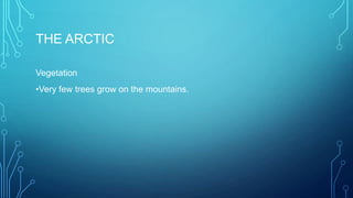THE ARCTIC
Vegetation
•Very few trees grow on the mountains.

 