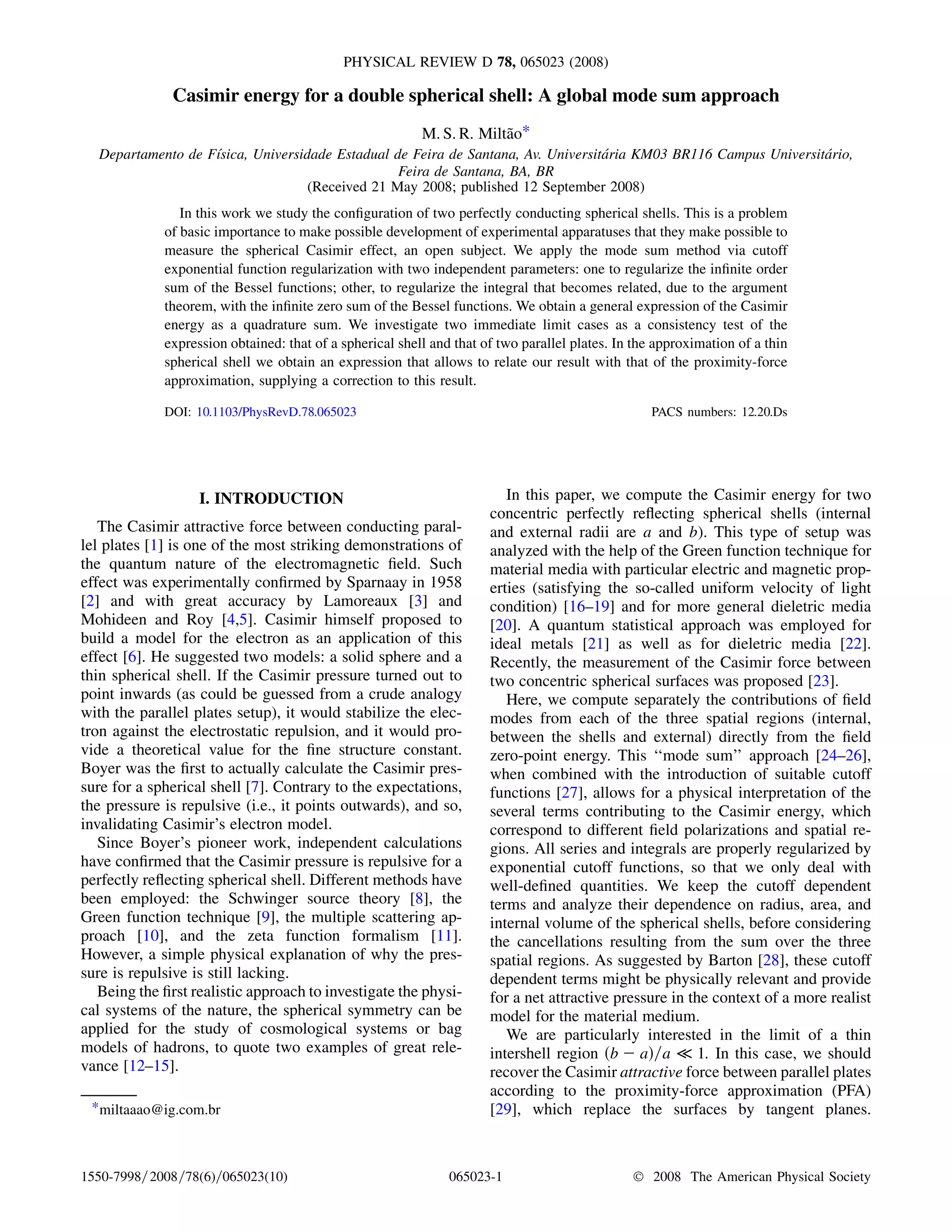 Casimir energy for a double spherical shell: A global mode sum approach ...