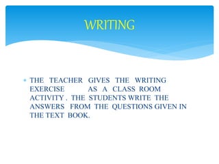 WRITING 
 THE TEACHER GIVES THE WRITING 
EXERCISE AS A CLASS ROOM 
ACTIVITY . THE STUDENTS WRITE THE 
ANSWERS FROM THE QUESTIONS GIVEN IN 
THE TEXT BOOK. 
 