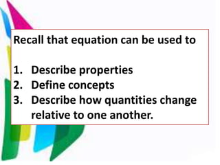 Recall that equation can be used to
1. Describe properties
2. Define concepts
3. Describe how quantities change
relative to one another.
 