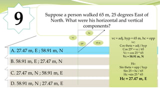 9 Suppose a person walked 65 m, 25 degrees East of
North. What were his horizontal and vertical
components?
A. 27.47 m, E ; 58.91 m, N
B. 58.91 m, E ; 27.47 m, N
C. 27.47 m, N ; 58.91 m, E
D. 58.91 m, N ; 27.47 m, E
A. 27.47 m, E ; 58.91 m, N
250 65 m
vc
hc
vc = adj, hyp = 65 m, hc = opp
vc:
Cos theta = adj / hyp
Cos 250 = vc / 65
Vc = cos 25 * 65
Vc = 58.91 m, N
Hc:
Sin theta = opp / hyp
Sin 25 = hc / 65
Hc =sin 25 * 65
Hc = 27.47 m, E
 