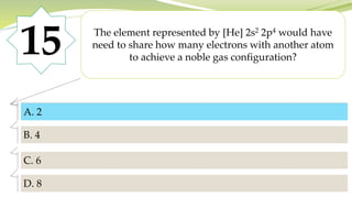 15 The element represented by [He] 2s2 2p4 would have
need to share how many electrons with another atom
to achieve a noble gas configuration?
A. 2
B. 4
C. 6
D. 8
A. 2
 
