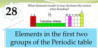 28
What element/s tend/s to lose electrons the easiest
when bonding?
Elements in the first two
groups of the Periodic table
 