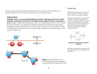 The figure above shows the partially charged poles of the molecules, and the attraction and
repulsion between them. Both attraction and repulsion occur simultaneously.
Hydrogen Bond
Hydrogen bond is a very strong dipole-dipole interaction. Hydrogen bond occurs in polar
molecules containing H and any one of the highly electronegative elements, in particular F,
O, N. Hydrogen tends to be strongly positive due to the strong tendencies of F, O, or N to attract
the electron towards it. The highly electronegative elements make hydrogen strongly positive.
Hydrogen bonding is responsible for the unusually high boiling point and melting point of water
as compared to compounds of similar molecular weight and geometry. Typically, H-bond is in the
range of 15-20 kJ/mol.
86
Teacher&Tips:&
Mention that hydrogen bond is not a bond
as we would think of ionic and covalent
bond. It does not occur within a molecule.
Refer back to Experiment 1 using methanol
and water to this type of bond to make
learners understand the presence of many H
atoms which are capable of bonding with
the O atoms. It was H-bond that decreased
the volume of the solution. Show the
chemical formula of water (H2O) and
methanol (CH3OH)
Hydrogen bonding between methanol
and water
Also relate the experiment using paper clips
and water (Experiment 2 Surface Tension) to
H-bonding.
Image from http://www.bbc.co.uk/
bitesize/higher/chemistry/energy/bsp/
revision/2/ (Retrieved February 20, 2016)
 