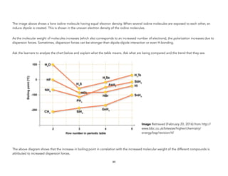 The image above shows a lone iodine molecule having equal electron density. When several iodine molecules are exposed to each other, an
induce dipole is created. This is shown in the uneven electron density of the iodine molecules.
As the molecular weight of molecules increases (which also corresponds to an increased number of electrons), the polarization increases due to
dispersion forces. Sometimes, dispersion forces can be stronger than dipole-dipole interaction or even H-bonding.
Ask the learners to analyze the chart below and explain what the table means. Ask what are being compared and the trend that they see.
The above diagram shows that the increase in boiling point in correlation with the increased molecular weight of the different compounds is
attributed to increased dispersion forces.
89
Image Retrieved (February 20, 2016) from http://
www.bbc.co.uk/bitesize/higher/chemistry/
energy/bsp/revision/4/
 