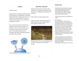 91
Teacher&Tips:&
Have the class review the lesson in groups
of three before proceeding to the next
lesson. Make a table on the board
summarizing the four different kinds of
intermolecular forces. Color code each
force to help memory retention.
A mind map also works as an alternative to
a table.
Recall Exercise:
Use a “talking stick” to help the class
remember the lesson. This is when a stick
gets passed around from one learner to the
next. The one who has a stick will recall a
lesson point out loud then pass the stick to
any classmate who has to recall another
point. You can choose to be strict on the
rules by having the class follow an outline
during the exercise, or it can be free-
flowing. Determine which topic the learners
remember most and least. Reinforce certain
topics as needed.
Instead of a stick, you can use a ball that
can be tossed around in the classroom. This
can be exciting for learners but you must
exercise some degree of control or some of
them may get rowdy.
Include parts of the experiment in the recall.
Property Phenomena / Discussion
Surface tension
A phenomenon caused by cohesive forces
(intermolecular forces) between molecules
allowing liquids to create a thin film on its
surface. This causes liquids to acquire a
certain shape when put on a container or
dropped on surfaces.
In a container, the bulk of a liquid has a
balance of intermolecular forces in all
direction. There is a net inward force on
the surface since there are no liquids
there. This creates surface tension.
Stronger intermolecular bonds equates to
stronger surface tension.
!
Experiment with the jar with wire mesh
and water not spilling over despite being
tipped over completely. This is due to H-
bonding.
Paper clips in the water experiment.
Certain insects or reptiles being able to
walk/ glide over water. (water striders,
fisher spiders, basilisk lizard).
!
Basilisk lizard or the Jesus lizard being able
to walk in water by virtue of surface
tension
 