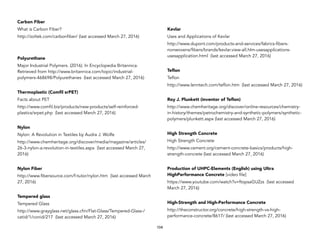 Carbon Fiber
What is Carbon Fiber?
http://zoltek.com/carbonfiber/ (last accessed March 27, 2016)
Polyurethane
Major Industrial Polymers. (2016). In Encyclopedia Britannica.
Retrieved from http://www.britannica.com/topic/industrial-
polymers-468698/Polyurethanes (last accessed March 27, 2016)
Thermoplastic (Comfil srPET)
Facts about PET
http://www.comfil.biz/products/new-products/self-reinforced-
plastics/srpet.php (last accessed March 27, 2016)
Nylon
Nylon: A Revolution in Textiles by Audra J. Wolfe
http://www.chemheritage.org/discover/media/magazine/articles/
26-3-nylon-a-revolution-in-textiles.aspx (last accessed March 27,
2016)
Nylon Fiber
http://www.fibersource.com/f-tutor/nylon.htm (last accessed March
27, 2016)
Tempered glass
Tempered Glass
http://www.grayglass.net/glass.cfm/Flat-Glass/Tempered-Glass-/
catid/1/conid/217 (last accessed March 27, 2016)
Kevlar
Uses and Applications of Kevlar
http://www.dupont.com/products-and-services/fabrics-fibers-
nonwovens/fibers/brands/kevlar.view-all.hlm-usesapplications-
usesapplication.html (last accessed March 27, 2016)
Teflon
Teflon
http://www.lenntech.com/teflon.htm (last accessed March 27, 2016)
Roy J. Plunkett (inventor of Teflon)
http://www.chemheritage.org/discover/online-resources/chemistry-
in-history/themes/petrochemistry-and-synthetic-polymers/synthetic-
polymers/plunkett.aspx (last accessed March 27, 2016)
High Strength Concrete
High Strength Concrete
http://www.cement.org/cement-concrete-basics/products/high-
strength-concrete (last accessed March 27, 2016)
Production of UHPC-Elements (English) using Ultra
HighPerformance Concrete [video file]
https://www.youtube.com/watch?v=ftopsaGUZzs (last accessed
March 27, 2016)
High-Strength and High-Performance Concrete
http://theconstructor.org/concrete/high-strength-vs-high-
performance-concrete/8617/ (last accessed March 27, 2016)
104
 