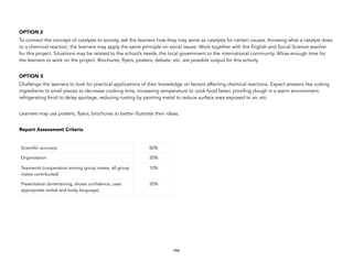 OPTION 2
To connect the concept of catalysts to society, ask the learners how they may serve as catalysts for certain causes. Knowing what a catalyst does
to a chemical reaction, the learners may apply the same principle on social issues. Work together with the English and Social Science teacher
for this project. Situations may be related to the school’s needs, the local government or the international community. Allow enough time for
the learners to work on the project. Brochures, flyers, posters, debate, etc. are possible output for this activity.
OPTION 3
Challenge the learners to look for practical applications of their knowledge on factors affecting chemical reactions. Expect answers like cutting
ingredients to small pieces to decrease cooking time, increasing temperature to cook food faster, proofing dough in a warm environment,
refrigerating food to delay spoilage, reducing rusting by painting metal to reduce surface area exposed to air, etc.
Learners may use posters, flyers, brochures to better illustrate their ideas.
Report Assessment Criteria
Scientific accuracy 50%
Organization 20%
Teamwork (cooperation among group mates, all group
mates contributed)
10%
Presentation (entertaining, shows confidence, uses
appropriate verbal and body language)
20%
166
 