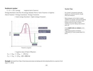 Exothermic reaction
C + D → CD + energy negative heat of reaction
Energy absorbed is less than the energy released. Hence, heat of reaction is negative.
Heat of reaction = Energy of products - Energy of reactants
= lower energy of product - higher energy of reactant
= negative value of Heat of Reaction
C (s) + O2(g) → CO2(g) + 393.5 kJ
C (s) + O2(g) → CO2(g) ΔH = -393.5 kJ
Example retrieved from http://chemistry.tutorvista.com/physical-chemistry/exothermic-reaction.html
(April 17, 2016)
179
Teacher&Tips:&
An increase in temperature generally
speeds up a chemical reaction, though
there are exceptions.
Many analogies can be made to explain
catalysts. For example, lowering the passing
score so more learners can pass an exam,
finding a shortcut to get to a place,
climbing a mountain taking a less inclined
path, etc.
A very helpful video on catalysts can be
viewed at
https://www.youtube.com/watch?
v=WCAojC4_zIY (Last accessed March 23,
2016)
 