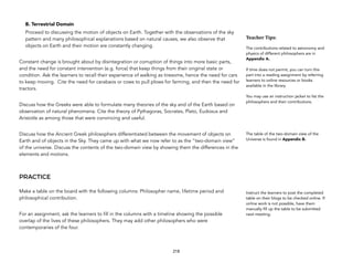 B. Terrestrial Domain
Proceed to discussing the motion of objects on Earth. Together with the observations of the sky
pattern and many philosophical explanations based on natural causes, we also observe that
objects on Earth and their motion are constantly changing.
Constant change is brought about by disintegration or corruption of things into more basic parts,
and the need for constant intervention (e.g. force) that keep things from their original state or
condition. Ask the learners to recall their experience of walking as tiresome, hence the need for cars
to keep moving. Cite the need for carabaos or cows to pull plows for farming, and then the need for
tractors.
Discuss how the Greeks were able to formulate many theories of the sky and of the Earth based on
observation of natural phenomena. Cite the theory of Pythagoras, Socrates, Plato, Eudoxus and
Aristotle as among those that were convincing and useful.
Discuss how the Ancient Greek philosophers differentiated between the movement of objects on
Earth and of objects in the Sky. They came up with what we now refer to as the “two-domain view”
of the universe. Discuss the contents of the two-domain view by showing them the differences in the
elements and motions.
PRACTICE
Make a table on the board with the following columns: Philosopher name, lifetime period and
philosophical contribution.
For an assignment, ask the learners to fill in the columns with a timeline showing the possible
overlap of the lives of these philosophers. They may add other philosophers who were
contemporaries of the four.
218
Teacher(Tips:(
The contributions related to astronomy and
physics of different philosophers are in
Appendix A.
If time does not permit, you can turn this
part into a reading assignment by referring
learners to online resources or books
available in the library.
You may use an instruction jacket to list the
philosophers and their contributions.
The table of the two-domain view of the
Universe is found in Appendix B. 
 
 
 
 
 
 
 
 
 
Instruct the learners to post the completed
table on their blogs to be checked online. If
online work is not possible, have them
manually fill up the table to be submitted
next meeting.
 