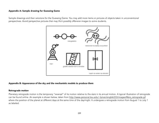 Appendix A: Sample drawing for Guessing Game
Sample drawings and their solutions for the Guessing Game. You may add more items or pictures of objects taken in unconventional
perspectives. Avoid perspective pictures that may illicit possibly offensive images to some students.
Appendix B: Appearance of the sky and the mechanistic models to produce them
Retrograde motion
Planetary retrograde motion is the temporary “reversal” of its motion relative to the stars in its annual motion. A typical illustration of retrograde
can be found online. An example is shown below, taken from http://www-personal.ksu.edu/~lyman/english233/images/Mars_retrograde.gif
where the position of the planet at different days at the same time of the day/night. It undergoes a retrograde motion from August 1 to July 1
as labeled.  
229
 