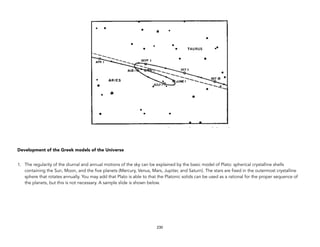 Development of the Greek models of the Universe
1. The regularity of the diurnal and annual motions of the sky can be explained by the basic model of Plato: spherical crystalline shells
containing the Sun, Moon, and the five planets (Mercury, Venus, Mars, Jupiter, and Saturn). The stars are fixed in the outermost crystalline
sphere that rotates annually. You may add that Plato is able to that the Platonic solids can be used as a rational for the proper sequence of
the planets, but this is not necessary. A sample slide is shown below.
230
 