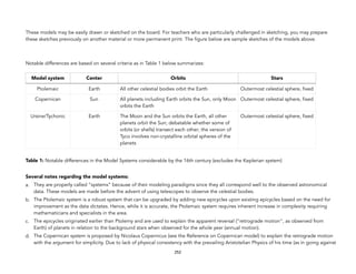 These models may be easily drawn or sketched on the board. For teachers who are particularly challenged in sketching, you may prepare
these sketches previously on another material or more permanent print. The figure below are sample sketches of the models above.
Notable differences are based on several criteria as in Table 1 below summarizes:
Table 1: Notable differences in the Model Systems considerable by the 16th century (excludes the Keplerian system)
Several notes regarding the model systems:
a. They are properly called “systems” because of their modeling paradigms since they all correspond well to the observed astronomical
data. These models are made before the advent of using telescopes to observe the celestial bodies.
b. The Ptolemaic system is a robust system that can be upgraded by adding new epicycles upon existing epicycles based on the need for
improvement as the data dictates. Hence, while it is accurate, the Ptolemaic system requires inherent increase in complexity requiring
mathematicians and specialists in the area.
c. The epicycles originated earlier than Ptolemy and are used to explain the apparent reversal (“retrograde motion”, as observed from
Earth) of planets in relation to the background stars when observed for the whole year (annual motion).
d. The Copernican system is proposed by Nicolaus Copernicus (see the Reference on Copernican model) to explain the retrograde motion
with the argument for simplicity. Due to lack of physical consistency with the prevailing Aristotelian Physics of his time (as in going against
252
Model system Center Orbits Stars
Ptolemaic Earth All other celestial bodies orbit the Earth Outermost celestial sphere, fixed
Copernican Sun All planets including Earth orbits the Sun, only Moon
orbits the Earth
Outermost celestial sphere, fixed
Ursine/Tychonic Earth The Moon and the Sun orbits the Earth, all other
planets orbit the Sun; debatable whether some of
orbits (or shells) transect each other; the version of
Tyco involves non-crystalline orbital spheres of the
planets
Outermost celestial sphere, fixed
 
