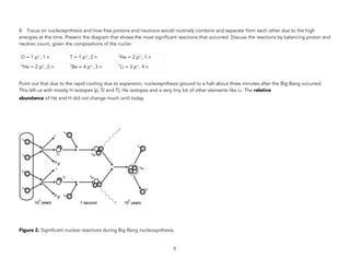 8. Focus on nucleosynthesis and how free protons and neutrons would routinely combine and separate from each other due to the high
energies at the time. Present the diagram that shows the most significant reactions that occurred. Discuss the reactions by balancing proton and
neutron count, given the compositions of the nuclei:
Point out that due to the rapid cooling due to expansion, nucleosynthesis ground to a halt about three minutes after the Big Bang occurred.
This left us with mostly H isotopes (p, D and T), He isotopes and a very tiny bit of other elements like Li. The relative
abundance of He and H did not change much until today.
Figure 2. Significant nuclear reactions during Big Bang nucleosynthesis. 
5
D = 1 p+, 1 n T = 1 p+, 2 n 3He = 2 p+, 1 n
4He = 2 p+, 2 n 7Be = 4 p+, 3 n 7Li = 3 p+, 4 n
 