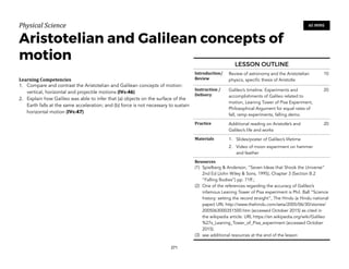 Physical)Science))
Aristotelian and Galilean concepts of
motion
Learning(Competencies(
1. Compare and contrast the Aristotelian and Galilean concepts of motion:
vertical, horizontal and projectile motions (IVc-46)
2. Explain how Galileo was able to infer that (a) objects on the surface of the
Earth falls at the same acceleration; and (b) force is not necessary to sustain
horizontal motion (IVc-47)
271
60 MINS
LESSON OUTLINE
Introduction/(
Review
Review of astronomy and the Aristotelian
physics, specific thesis of Aristotle
10
Instruction(/(
Delivery
Galileo’s timeline. Experiments and
accomplishments of Galileo related to
motion, Leaning Tower of Pisa Experiment,
Philosophical Argument for equal rates of
fall, ramp experiments, falling demo.
20
Practice Additional reading on Aristotle’s and
Galileo’s life and works
20
Materials 1. Slides/poster of Galileo’s lifetime
2. Video of moon experiment on hammer
and feather
Resources(
(1) Spielberg & Anderson, “Seven Ideas that Shook the Universe”
2nd Ed (John Wiley & Sons, 1995), Chapter 3 (Section B.2
“Falling Bodies”) pp. 71ff.;
(2) One of the references regarding the accuracy of Galileo’s
infamous Leaning Tower of Pisa experiment is Phil. Ball “Science
history: setting the record straight”, The Hindu (a Hindu national
paper) URL http://www.thehindu.com/seta/2005/06/30/stories/
2005063000351500.htm (accessed October 2015) as cited in
the wikipedia article: URL https://en.wikipedia.org/wiki/Galileo
%27s_Leaning_Tower_of_Pisa_experiment (accessed October
2015).
(3) see additional resources at the end of the lesson
 