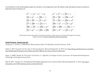 As an alternative to the nucleosynthesis game (in case there is not enough time), have the learners study and analyze the given reactions to
help them answer Evaluation A2.
Chief nuclear reactions responsible for the relative abundances of light atomic nuclei observed throughout the universe.
Image retrieved from https://en.wikipedia.org/wiki/Nucleosynthesis
ADDITIONAL RESOURCES
Lineweaver, C., & Davis, T. (2005 March). Misconceptions About The Big Bang. Scientific American, 36-45.
Oakes, K. (2011 August 2). On the origin of chemical elements. Retrieved September 16, 2015, from http://blogs.scientificamerican.com/basic-
space/httpblogsscientificamericancombasic-space20110802on-the-origin-of-chemical-elements/
Sagan, C. (2000). Chapter 26: The Cosmic Connection. In J. Agel (Ed.), Carl Sagan's Cosmic Connection: An Extraterrestrial Perspective.
Cambridge: Cambridge University Press.
Wall, M. (2011, October 21). The Big Bang: What Really Happened at Our Universe's Birth? Retrieved September 15, 2015, from http://
www.space.com/13347-big-bang-origins-universe-birth.html
10
 