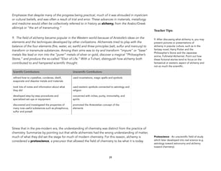 Emphasize that despite many of the progress being practical, much of it was shrouded in mysticism
or cultural beliefs, and was often a result of trial and error. These advances in materials, metallurgy
and medicine would often be collectively referred to in history as alchemy, from the Arabic/Greek
alkīmiyā or “the art of transmuting.”
9. The field of alchemy became popular in the Western world because of Aristotle’s ideas on the
elements and the techniques developed by other civilizations. Alchemists tried to play with the
balance of the four elements (fire, water, air, earth) and three principles (salt, sulfur and mercury) to
transform or transmute substances. Among their aims was to try and transform “impure” or “base”
metals like lead or iron into the “purer” metals of silver or gold, discover a magical “Philosopher’s
Stone,” and produce the so-called “Elixir of Life.” With a T-chart, distinguish how alchemy both
contributed to and hampered scientific thought.
Stress that in the pre-modern era, the understanding of chemistry was distinct from the practice of
chemistry. Summarize by pointing out that while alchemists had the wrong understanding of matter,
much of what they did set the stage for much of modern chemistry. For this reason, alchemy is
considered a protoscience, a precursor that allowed the field of chemistry to be what it is today.
29
Teacher&Tips:&
9. After discussing what alchemy is, you may
present pictures or presentations of
alchemy in popular culture, such as in the
fantasy novel, Harry Potter and the
Philosopher’s Stone and the Japanese
anime, Fullmetal Alchemist. Point out how
these fictional stories tend to focus on the
fantastical or esoteric aspect of alchemy and
not so much the scientific.
Protoscience - An unscientific field of study
which later developed into real science (e.g.
astrology toward astronomy and alchemy
toward chemistry).
Scientific Contributions Unscientific Contributions
refined how to crystallize, condense, distill,
evaporate and dissolve metals and materials
used incantations, magic spells and symbols
took lots of notes and information about what
they did
used esoteric symbols connected to astrology and
religion
developed step-by-step procedures and
specialized set-ups or equipment
concerned with riches, purity, immortality, and
spirits
discovered and investigated the properties of
many now-useful substances such as phosphorus,
sulfur and potash
promoted the Aristotelian concept of the
elements
 