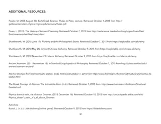 ADDITIONAL RESOURCES:
Fowler, M. (2008 August 23). Early Greek Science: Thales to Plato. Lecture. Retrieved October 1, 2015 from http://
galileoandeinstein.physics.virginia.edu/lectures/thales.pdf
Fruen, L. (2010). The History of Ancient Chemistry. Retrieved October 7, 2015 from http://realscience.breckschool.org/upper/fruen/files/
Enrichmentarticles/files/History.html
Shuttleworth, M. (2010 June 17). Alchemy and the Philosopher’s Stone. Retrieved October 7, 2015 from https://explorable.com/alchemy
Shuttleworth, M. (2010 May 25). Ancient Chinese Alchemy. Retrieved October 9, 2015 from https://explorable.com/chinese-alchemy
Shuttleworth, M. (2010 November 23). Islamic Alchemy. Retrieved October 9, 2015 from https://explorable.com/islamic-alchemy
Ancient Atomism. (2011 November 18). In Stanford Encyclopedia of Philosophy. Retrieved October 7, 2015 from http://plato.stanford.edu/
entries/atomism-ancient/
Atomic Structure from Democritus to Dalton. (n.d.). Retrieved October 7, 2015 from http://www.chemteam.info/AtomicStructure/Democritus-to-
Dalton.html
The Greek Concept of Atomos: The Indivisible Atom. (n.d.). Retrieved October 7, 2015 from http://www.chemteam.info/AtomicStructure/
Greeks.html
Physics doesn’t exist, it’s all about Gnomes. (2013 December 16). Retrieved October 10, 2015 from http://uncyclopedia.wikia.com/wiki/
Physics_doesn't_exist,_it's_all_about_Gnomes
Activities:
Koziol, J. (n.d.). Little Alchemy [online game]. Retrieved October 9, 2015 from https://littlealchemy.com/
32
 