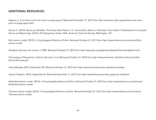 ADDITIONAL RESOURCES:
Gagnon, S. (n.d.) How much of an atom is empty space? Retrieved November 17, 2015 from http://education.jlab.org/qa/how-much-of-an-
atom-is-empty-space.html
Giunta, C. (2010). Atoms are Divisible: The Pieces Have Pieces. In C. Giunta (Ed.), Atoms in Chemistry: From Dalton's Predecessors to Complex
Atoms and Beyond (pp. 65-81), ACS Symposium Series 1044. American Chemical Society: Washington, DC.
Bohr atomic model. (2015). In Encyclopædia Britannica Online. Retrieved October 27, 2015 from http://www.britannica.com/science/Bohr-
atomic-model
Chadwick discovers the neutron. (1998). Retrieved October 27, 2015 from http://www.pbs.org/wgbh/aso/databank/entries/dp32ne.html
Chronology of Discoveries in Atomic Structure. (n.d.) Retrieved October 27, 2015 from http://www.chemteam.info/AtomicStructure/Hist-
AtomicStructure.pdf
Henry Moseley. (2014, December 29). Retrieved October 27, 2015 from http://www.famousscientists.org/henry-moseley/
James Chadwick. (2014, September 8). Retrieved November 17, 2015 from http://www.famousscientists.org/james-chadwick/
Rutherford atomic model. (2015). In Encyclopædia Britannica Online. Retrieved October 27, 2015 from http://www.britannica.com/science/
Rutherford-atomic-model
Thomson atomic model. (2015). In Encyclopædia Britannica Online. Retrieved October 27, 2015 from http://www.britannica.com/science/
Thomson-atomic-model
46
 