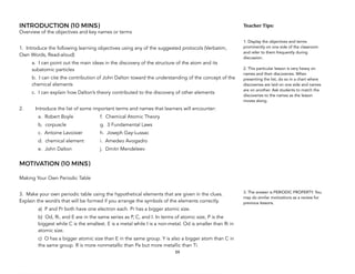 INTRODUCTION (10 MINS)
Overview of the objectives and key names or terms
1. Introduce the following learning objectives using any of the suggested protocols (Verbatim,
Own Words, Read-aloud)
a. I can point out the main ideas in the discovery of the structure of the atom and its
subatomic particles
b. I can cite the contribution of John Dalton toward the understanding of the concept of the
chemical elements
c. I can explain how Dalton’s theory contributed to the discovery of other elements
2. Introduce the list of some important terms and names that learners will encounter:
a. Robert Boyle f. Chemical Atomic Theory
b. corpuscle g. 3 Fundamental Laws
c. Antoine Lavoisier h. Joseph Gay-Lussac
d. chemical element i. Amedeo Avogadro
e. John Dalton j. Dmitri Mendeleev
MOTIVATION (10 MINS)
Making Your Own Periodic Table
3. Make your own periodic table using the hypothetical elements that are given in the clues.
Explain the word/s that will be formed if you arrange the symbols of the elements correctly.
a) P and Pr both have one electron each. Pr has a bigger atomic size.
b) Od, Ri, and E are in the same series as P, C, and I. In terms of atomic size, P is the
biggest while C is the smallest. E is a metal while I is a non-metal. Od is smaller than Ri in
atomic size.
c) O has a bigger atomic size than E in the same group. Y is also a bigger atom than C in
the same group. R is more nonmetallic than Pe but more metallic than Ti.
59
Teacher&Tips:&
1. Display the objectives and terms
prominently on one side of the classroom
and refer to them frequently during
discussion.
2. This particular lesson is very heavy on
names and their discoveries. When
presenting the list, do so in a chart where
discoveries are laid on one side and names
are on another. Ask students to match the
discoveries to the names as the lesson
moves along.
3. The answer is PERIODIC PROPERTY. You
may do similar motivations as a review for
previous lessons.
 