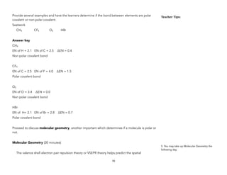 Provide several examples and have the learners determine if the bond between elements are polar
covalent or non-polar covalent.
Seatwork
CH4 CF4 O2 HBr
Answer key
CH4
EN of H = 2.1 EN of C = 2.5 ΔEN = 0.4
Non polar covalent bond
CF4
EN of C = 2.5 EN of F = 4.0 ΔEN = 1.5
Polar covalent bond
O2
EN of O = 3.4 ΔEN = 0.0
Non polar covalent bond
HBr
EN of H= 2.1 EN of Br = 2.8 ΔEN = 0.7
Polar covalent bond
Proceed to discuss molecular geometry, another important which determines if a molecule is polar or
not.
Molecular Geometry (30 minutes)
The valence shell electron pair repulsion theory or VSEPR theory helps predict the spatial
70
Teacher&Tips:&
5. You may take up Molecular Geometry the
following day.
 