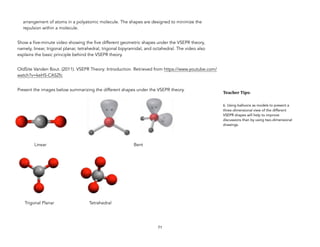arrangement of atoms in a polyatomic molecule. The shapes are designed to minimize the
repulsion within a molecule.
Show a five-minute video showing the five different geometric shapes under the VSEPR theory,
namely, linear, trigonal planar, tetrahedral, trigonal bipyramidal, and octahedral. The video also
explains the basic principle behind the VSEPR theory.
OldSite Vanden Bout. (2011). VSEPR Theory: Introduction. Retrieved from https://www.youtube.com/
watch?v=keHS-CASZfc
Present the images below summarizing the different shapes under the VSEPR theory.
Linear Bent
Trigonal Planar Tetrahedral
71
Teacher&Tips:&
6. Using balloons as models to present a
three-dimensional view of the different
VSEPR shapes will help to improve
discussions than by using two-dimensional
drawings.
 