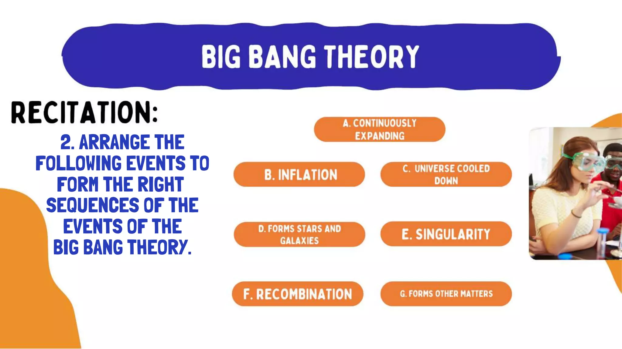 2. ARRANGE THE
FOLLOWING EVENTS TO
FORM THE RIGHT
SEQUENCES OF THE
EVENTS OF THE
BIG BANG THEORY.
 