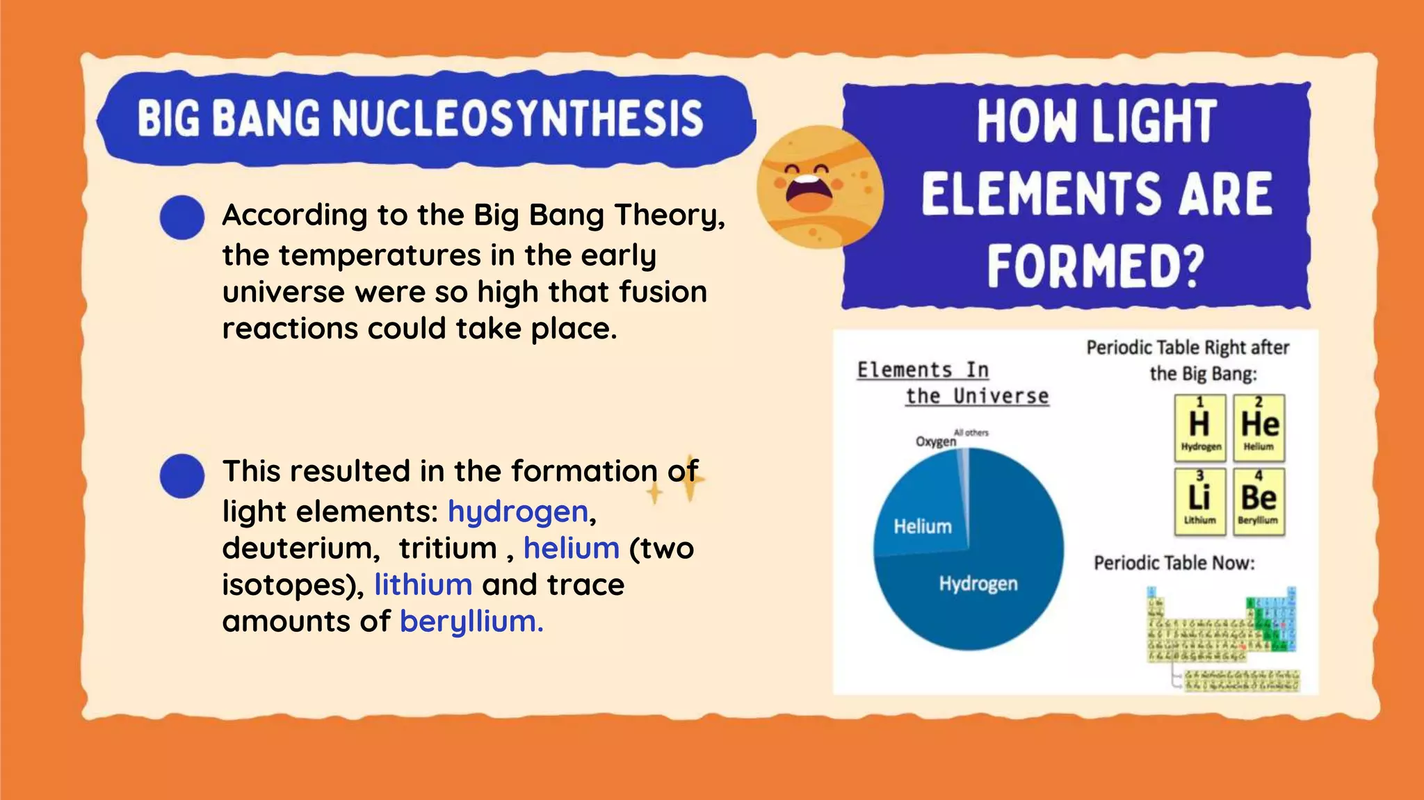 According to the Big Bang Theory,
the temperatures in the early
universe were so high that fusion
reactions could take place.
This resulted in the formation of
light elements: hydrogen,
deuterium, tritium , helium (two
isotopes), lithium and trace
amounts of beryllium.
 