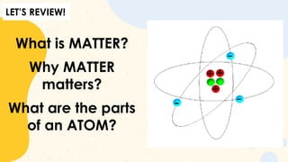 LET’S REVIEW!
What is MATTER?
Why MATTER
matters?
What are the parts
of an ATOM?
 