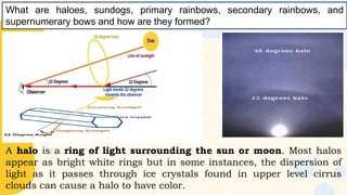 A halo is a ring of light surrounding the sun or moon. Most halos
appear as bright white rings but in some instances, the dispersion of
light as it passes through ice crystals found in upper level cirrus
clouds can cause a halo to have color.
What are haloes, sundogs, primary rainbows, secondary rainbows, and
supernumerary bows and how are they formed?
 