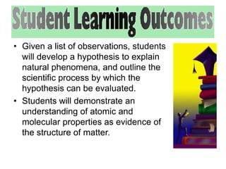 • Given a list of observations, students 
will develop a hypothesis to explain 
natural phenomena, and outline the 
scientific process by which the 
hypothesis can be evaluated. 
• Students will demonstrate an 
understanding of atomic and 
molecular properties as evidence of 
the structure of matter. 
 