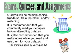 • Quizzes will be multiple choice, 
true/false, fill in the blank, and/or 
matching. 
• It is recommended that you 
completely read your chapter 
before attempting quizzes. 
• It is also recommended that you 
make notes while you read and 
use them for your quizzes. 
– 30 minutes goes by very quickly! 
 