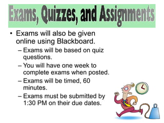 • Exams will also be given 
online using Blackboard. 
– Exams will be based on quiz 
questions. 
– You will have one week to 
complete exams when posted. 
– Exams will be timed, 60 
minutes. 
– Exams must be submitted by 
1:30 PM on their due dates. 
 