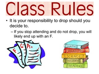 • It is your responsibility to drop should you 
decide to. 
– If you stop attending and do not drop, you will 
likely end up with an F. 
 