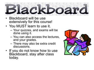 • Blackboard will be use 
extensively for this course! 
• You MUST learn to use it. 
– Your quizzes, and exams will be 
done using it. 
– You can also access the lectures, 
and your grades. 
– There may also be extra credit 
discussions. 
• If you do not know how to use 
Blackboard, stay after class 
today. 
 