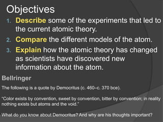 ObjectivesDescribesome of the experiments that led to the current atomic theory.Compare the different models of the atom.Explain how the atomic theory has changed as scientists have discovered new information about the atom.BellringerThe following is a quote by Democritus (c. 460–c. 370 bce). “Color exists by convention, sweet by convention, bitter by convention; in reality nothing exists but atoms and the void.”What do you know about Democritus? And why are his thoughts important?