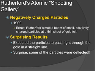 Rutherford’s Atomic “Shooting Gallery”Negatively Charged Particles1909Ernest Rutherford aimed a beam of small, positively charged particles at a thin sheet of gold foil. Surprising ResultsExpected the particles to pass right through the gold in a straight line. Surprise, some of the particles were deflected!!
