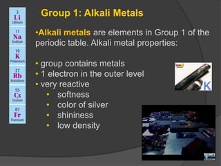 Group 1: Alkali MetalsAlkali metals are elements in Group 1 of the periodic table. Alkali metal properties: