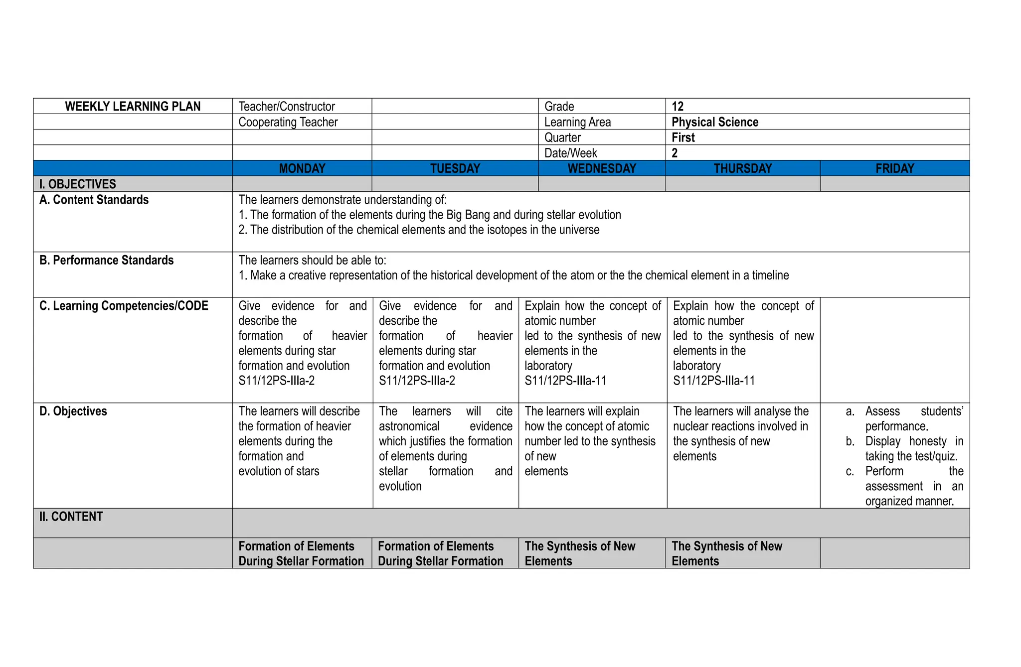 Physical Science Senior High School Week 1 Lesson Plan | DOC