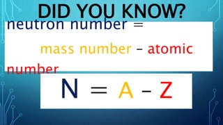DID YOU KNOW?
neutron number =
mass number – atomic
number
N = A – Z
 