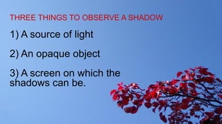 THREE THINGS TO OBSERVE A SHADOW
1) A source of light
2) An opaque object
3) A screen on which the
shadows can be.
 