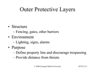 © 2006 Carnegie Mellon University 95752-2:13
Outer Protective Layers
• Structure
– Fencing, gates, other barriers
• Environment
– Lighting, signs, alarms
• Purpose
– Define property line and discourage trespassing
– Provide distance from threats
 