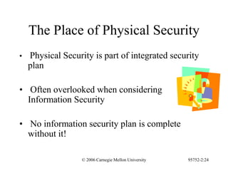 © 2006 Carnegie Mellon University 95752-2:24
The Place of Physical Security
• Physical Security is part of integrated security
plan
• Often overlooked when considering
Information Security
• No information security plan is complete
without it!
 